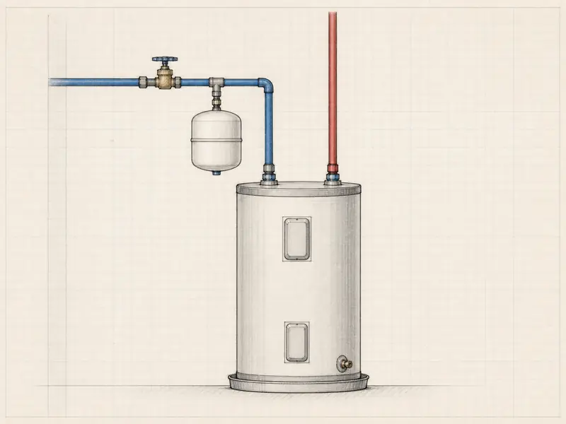 Drawing of a thermal expansion tank mounted on the cold supply line above a tank water heater, with a pressure gauge