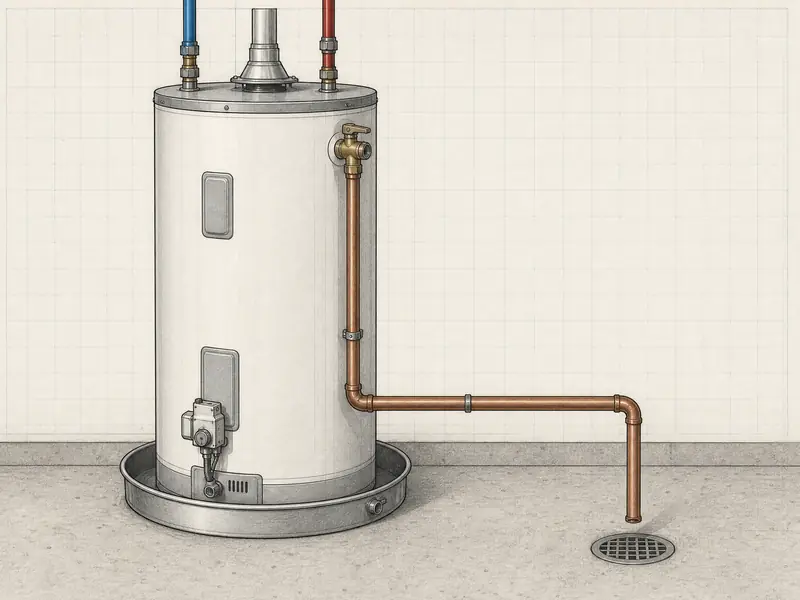 Drawing of a water heater in a metal drain pan with a copper relief-valve discharge pipe running across to end above a floor drain