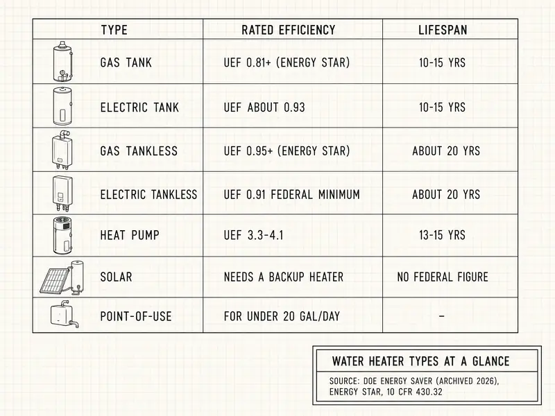 Spec table titled Water Heater Types at a Glance. Gas tank: UEF 0.81+ (ENERGY STAR), 10-15 yrs. Electric tank: UEF about 0.93, 10-15 yrs. Gas tankless: UEF 0.95+ (ENERGY STAR), about 20 yrs. Electric tankless: UEF 0.91 federal minimum, about 20 yrs. Heat pump: UEF 3.3-4.1, 13-15 yrs. Solar: needs a backup heater, no federal lifespan figure. Point-of-use: for under 20 gal/day. Sources listed: DOE Energy Saver archive, ENERGY STAR and 10 CFR 430.32.