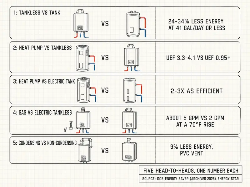 Five stacked matchup strips titled Five Head-to-Heads, One Number Each. Tankless vs tank: 24-34% less energy at 41 gal/day or less. Heat pump vs tankless: UEF 3.3-4.1 vs UEF 0.95+. Heat pump vs electric tank: 2-3x as efficient. Gas vs electric tankless: about 5 GPM vs 2 GPM at a 70°F rise. Condensing vs non-condensing: 9% less energy, PVC vent. Source: DOE Energy Saver (archived 2026), ENERGY STAR.