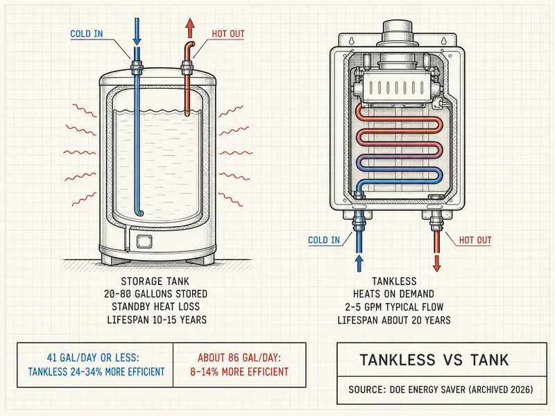 Side-by-side cutaway titled Tankless vs Tank. Storage tank: 20-80 gallons stored, standby heat loss, lifespan 10-15 years. Tankless: heats on demand, 2-5 GPM typical flow, lifespan about 20 years. Bottom strip: at 41 gal/day or less tankless is 24-34% more efficient; at about 86 gal/day, 8-14% more efficient. Source: DOE Energy Saver (archived 2026).