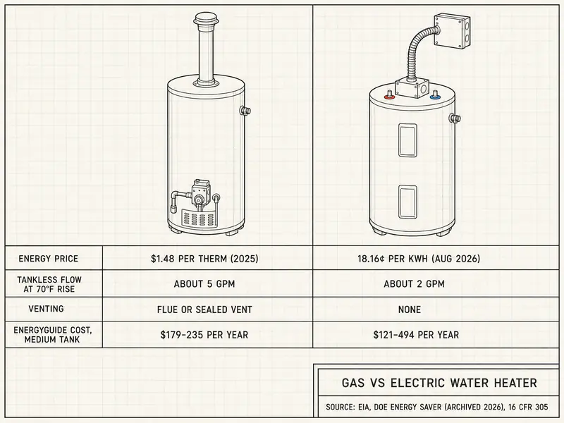 Comparison plate titled Gas vs Electric Water Heater. Energy price: gas $1.48 per therm (2025), electric 18.16 cents per kWh (Aug 2026). Tankless flow at 70°F rise: gas about 5 GPM, electric about 2 GPM. Venting: gas flue or sealed vent, electric none. EnergyGuide cost, medium tank: gas $179-235 per year, electric $121-494 per year. Source: EIA, DOE Energy Saver (archived 2026), 16 CFR 305.