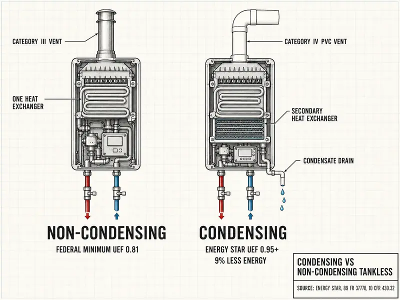 Two cross-sections of wall-mounted gas tankless heaters titled Condensing vs Non-Condensing Tankless. Non-condensing: one heat exchanger, Category III vent, federal minimum UEF 0.81. Condensing: secondary heat exchanger, Category IV PVC vent, condensate drain, ENERGY STAR UEF 0.95+, 9% less energy. Source: ENERGY STAR, 89 FR 37778, 10 CFR 430.32.