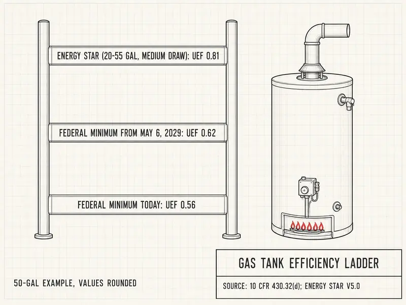 Ladder titled Gas Tank Efficiency Ladder for a 50-gallon medium-draw gas tank: federal minimum today UEF 0.56; federal minimum from May 6, 2029 UEF 0.62; ENERGY STAR (20-55 gallons, medium draw) UEF 0.81. Note: 50-gallon example, values rounded. Source: 10 CFR 430.32(d); ENERGY STAR V5.0.
