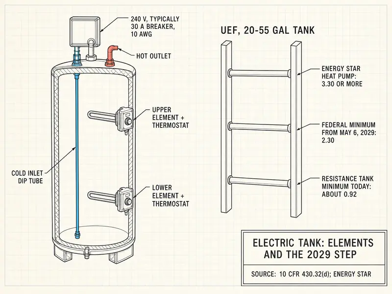 Two-part drawing titled Electric Tank: Elements and the 2029 Step. Left: cross-section of an electric tank with upper element and thermostat, lower element and thermostat, cold inlet dip tube to the bottom, hot outlet at the top, and a junction box labeled 240 V, typically 30 A breaker, 10 AWG. Right: UEF ladder for a 20-55 gallon tank: resistance tank minimum today about 0.92; federal minimum from May 6, 2029 2.30; ENERGY STAR heat pump 3.30 or more. Source: 10 CFR 430.32(d); ENERGY STAR.
