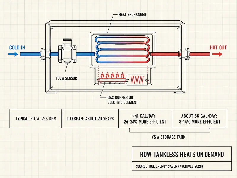 Flow diagram titled How Tankless Heats on Demand: cold in, flow sensor, heat exchanger heated by gas burner or electric element, hot out. Four spec cells: flow 2-5 GPM typical; life about 20 years; efficiency gain over a storage tank of 24-34% for homes using up to 41 gallons daily and 8-14% for homes near 86 gallons daily. Source: DOE Energy Saver (archived 2026).