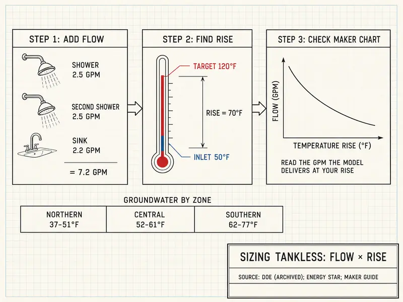 Three-step worksheet titled Sizing Tankless: Flow × Rise. Step 1, add flow: shower 2.5 GPM, second shower 2.5 GPM, sink 2.2 GPM, total 7.2 GPM. Step 2, find rise: target 120°F minus inlet 50°F gives a 70°F rise. Step 3, check the maker chart for the GPM the model delivers at your rise. Groundwater by zone: northern 37-51°F, central 52-61°F, southern 62-77°F. Source: DOE (archived); ENERGY STAR; maker guide.