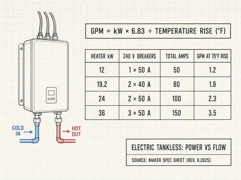 Table titled Electric Tankless: Power vs Flow, with the formula GPM = kW × 6.83 ÷ temperature rise (°F). Rows at 240 V: 12 kW, 1 × 50 A breaker, 50 amps total, 1.2 GPM at a 70°F rise; 19.2 kW, 2 × 40 A, 80 amps, 1.9 GPM; 24 kW, 2 × 50 A, 100 amps, 2.3 GPM; 36 kW, 3 × 50 A, 150 amps, 3.5 GPM. Source: maker spec sheet (rev. 6.2025).