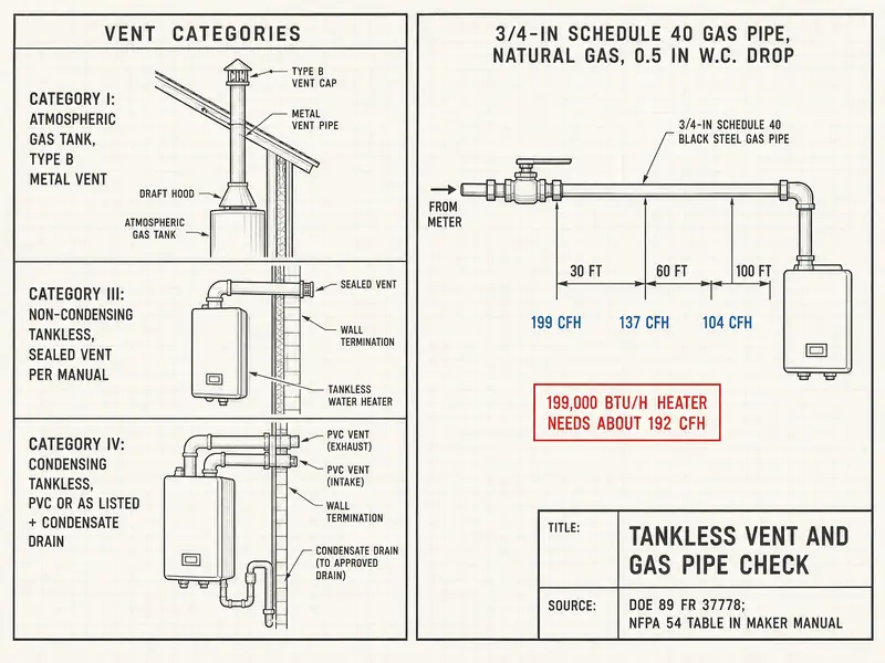 Two-panel drawing titled Tankless Vent and Gas Pipe Check. Left, vent categories: Category one (shown in Roman numerals), atmospheric gas tank with Type B metal vent; Category III, non-condensing tankless with a sealed vent per the manual; Category IV, condensing tankless with PVC or listed vent and a condensate drain. Right, 3/4-inch Schedule 40 gas pipe, natural gas, 0.5-inch water column drop: 199 CFH at 30 feet, 137 CFH at 60 feet, 104 CFH at 100 feet; a 199,000 Btu/h heater needs about 192 CFH. Source: DOE 89 FR 37778; NFPA 54 table in maker manual.