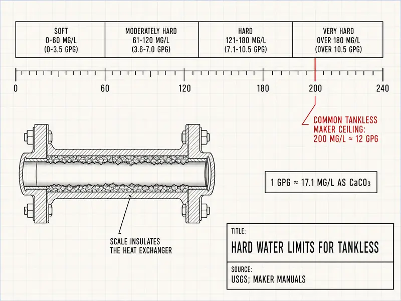 Ruler-style scale titled Hard Water Limits for Tankless. Segments: soft 0-60 mg/L (0-3.5 gpg); moderately hard 61-120 mg/L (3.6-7.0 gpg); hard 121-180 mg/L (7.1-10.5 gpg); very hard over 180 mg/L (over 10.5 gpg). Tick marks at 0, 60, 120, 180, 200 and 240 with a red marker at 200 labeled common tankless maker ceiling: 200 mg/L, about 12 gpg. Below, a cutaway heat exchanger tube lined with scale, labeled scale insulates the heat exchanger. Note: 1 gpg is about 17.1 mg/L as CaCO3. Source: USGS; maker manuals.