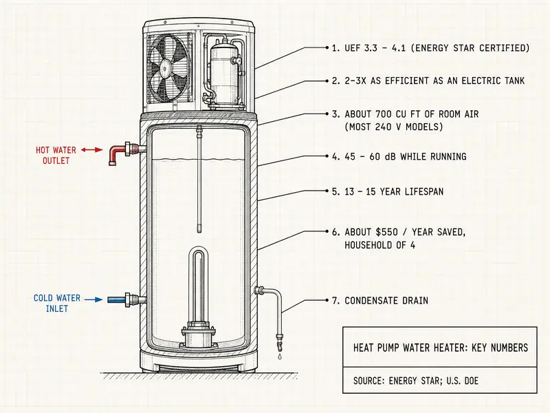 Cutaway of a heat pump water heater with its spec-sheet numbers: UEF 3.3 to 4.1 for ENERGY STAR models, two to three times as efficient as an electric tank, about 700 cubic feet of air for most 240 V models, 45 to 60 dB, 13 to 15 year life, savings near $550 per year for four people, condensate drain. Source: ENERGY STAR, DOE.