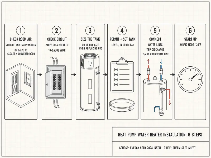 Six-step installation flow for a heat pump water heater: 1 check room air, 700 cubic feet for most 240 V models or 84 cubic feet closet with louvered door; 2 circuit, 240 V 30 A breaker and 10-gauge wire; 3 size up one tank when replacing gas; 4 permit and level tank in drain pan; 5 water, T&P discharge and 3/4-inch condensate line; 6 set hybrid mode and 120°F. Source: ENERGY STAR 2024 guide, Rheem spec sheet.