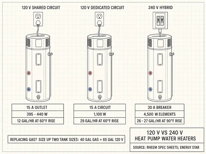Side-by-side of three heat pump water heater setups: 120V shared circuit, 15 A outlet, 395 to 440 W, 12 gallons per hour at 60°F rise; 120V dedicated circuit, 15 A, 1,100 W, 29 gallons per hour at 60°F rise; 240V hybrid, 30 A, 4,500 W elements, 26 to 27 gallons per hour at 90°F rise. Note: size up two tank sizes from gas, 40 to 65 gallons. Source: Rheem spec sheets, ENERGY STAR.