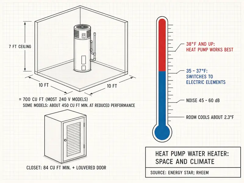 Room-volume diagram for a heat pump water heater: room 10 by 10 feet with 7 foot ceiling equals 700 cubic feet for most 240 V models; some models 450 cubic feet; closet at least 84 cubic feet with louvered door; temperature ladder: compressor works best above 38°F, switches to resistance heat below about 35 to 37°F; noise 45 to 60 dB; basement cools about 2.3°F. Source: ENERGY STAR, Rheem.