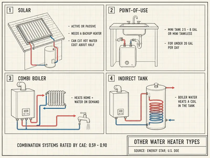 Four-panel map of other water heater types: solar, active or passive, needs a backup heater, can cut hot water cost about half; point-of-use, mini tank 2.5 to 6 gallons or mini tankless, for under 20 gallons per day; combi boiler, heats home and water on demand; indirect tank, boiler water heats a coil in the tank. Footer: combination systems rated by CAE, 0.59 to 0.90. Source: ENERGY STAR, U.S. DOE.