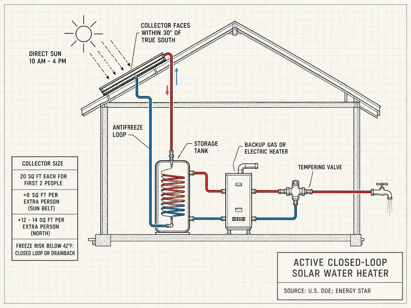 Cross-section of an active closed-loop solar water heater: roof collector facing within 30 degrees of true south, direct sun 10 a.m. to 4 p.m., antifreeze loop to a coil in the storage tank, backup gas or electric heater downstream, tempering valve before the faucet. Sizing box: 20 square feet each for the first 2 people, plus 8 square feet per extra person in the Sun Belt or 12 to 14 in the north; freeze risk below 42°F calls for closed loop or drainback. Source: U.S. DOE, ENERGY STAR.