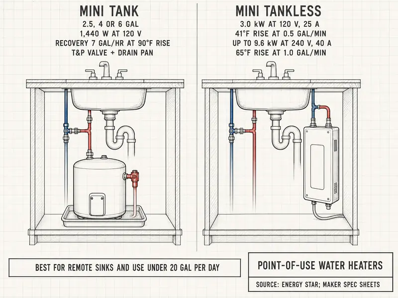 Under-sink point-of-use comparison: left, mini tank 2.5, 4 or 6 gallons, 1,440 W at 120 V, 7 gallons per hour recovery at 90°F rise, T&P valve and drain pan; right, mini tankless 3.0 kW at 120 V, 25 A, 41°F rise at 0.5 gallons per minute, up to 9.6 kW at 240 V, 40 A, 65°F rise at 1.0 gallons per minute. Fits under 20 gallons per day, remote sinks. Source: ENERGY STAR, A. O. Smith, Stiebel Eltron.