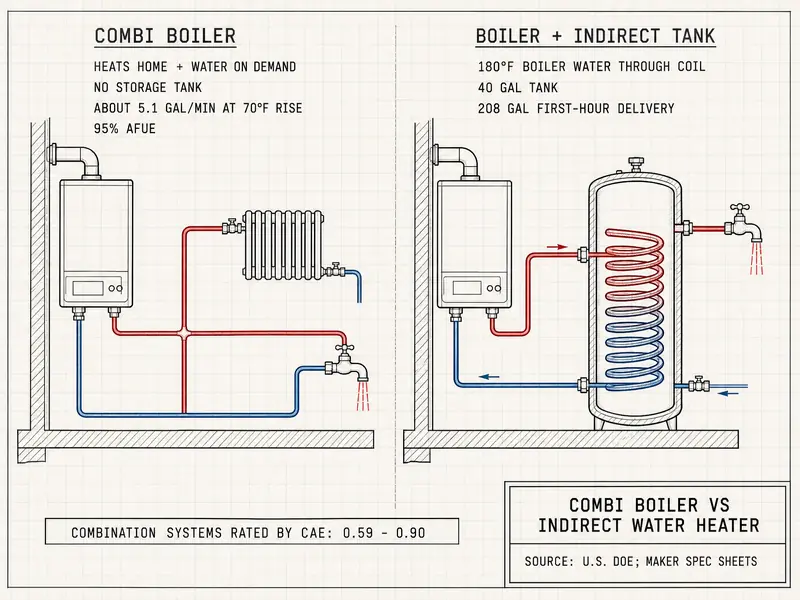 Two side-by-side cross-sections: left, combi boiler, heats radiators and domestic water on demand, about 5.1 gallons per minute at 70°F rise, 95% AFUE in one maker's model; right, boiler plus indirect tank, boiler water at 180°F through coil in 40 gallon tank, 208 gallons first-hour delivery in one maker's model. Footer: combination systems rated by CAE, 0.59 to 0.90. Source: DOE, Navien, Lochinvar.