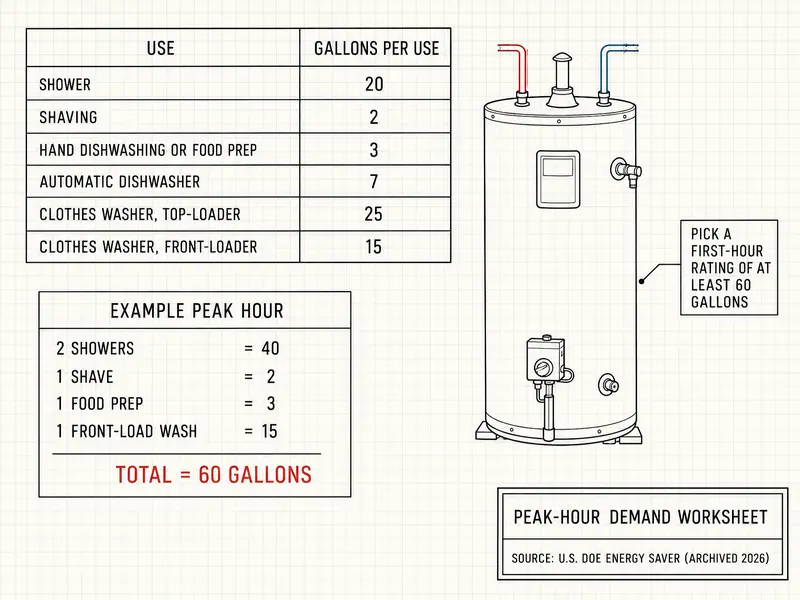 DOE peak-hour demand worksheet: shower 20 gallons, shaving 2, hand dishwashing or food prep 3, automatic dishwasher 7, clothes washer top-loader 25, front-loader 15. Example peak hour: 2 showers 40, 1 shave 2, 1 food prep 3, 1 front-load wash 15, total 60 gallons, so pick a first-hour rating of at least 60 gallons. Source: U.S. DOE Energy Saver (archived 2026).