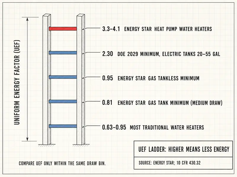 UEF ladder, higher means less energy: 0.63–0.95 most traditional water heaters; 0.81 ENERGY STAR gas tank minimum (medium draw); 0.95 ENERGY STAR gas tankless minimum; 2.30 DOE 2029 minimum for electric tanks 20–55 gallons; 3.3–4.1 ENERGY STAR heat pump water heaters. Compare UEF only within the same draw bin. Source: ENERGY STAR; 10 CFR 430.32.