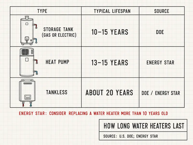 How long water heaters last: storage tank (gas or electric) 10–15 years, source DOE; heat pump 13–15 years, source ENERGY STAR; tankless about 20 years, source DOE and ENERGY STAR. ENERGY STAR: consider replacing a water heater more than 10 years old. Source: U.S. DOE; ENERGY STAR.