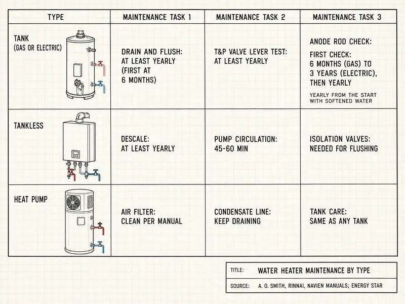 Water heater maintenance by type: a table with three rows. Tank (gas or electric): drain and flush at least yearly (first at 6 months); T&P valve lever test at least yearly; anode inspection six months after install for gas tanks or by year three for electric, every year after that, and every year from day one on softened water. Tankless: descale at least yearly; pump circulation 45-60 minutes; isolation valves needed for flushing. Heat pump: air filter clean per manual; condensate line keep draining; tank care same as any tank. Source: A. O. Smith, Rinnai, Navien manuals; ENERGY STAR.