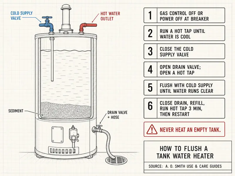 How to flush a tank water heater: a tank cutaway with sediment at the bottom, the cold supply valve at the top, and a drain valve with a hose to a floor drain, beside six steps: 1 gas control off or power off at breaker; 2 run a hot tap until water is cool; 3 close the cold supply valve; 4 open drain valve and open a hot tap; 5 flush with cold supply until water runs clear; 6 close drain, refill, run hot tap 3 minutes, then restart. Warning: never heat an empty tank. Source: A. O. Smith Use & Care Guides.