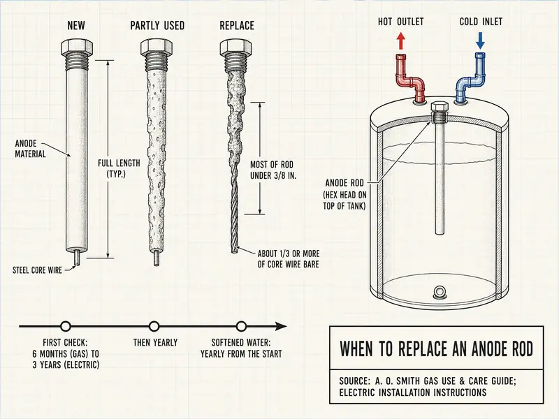 When to replace an anode rod: three rods labeled new, partly used and replace, with callouts on the spent rod reading most of rod under 3/8 inch and about 1/3 or more of core wire bare, a tank cutaway showing the anode rod hex head on top of the tank, and a timeline: first check at 6 months (gas) to 3 years (electric), then yearly; yearly from the start with softened water, softened water every year from the start. Source: A. O. Smith gas Use & Care Guide and electric installation instructions.