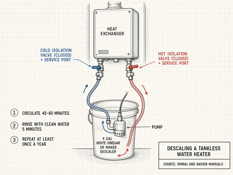 Descaling a tankless water heater: a wall-hung unit labeled heat exchanger, a cold isolation valve (closed) with service port and a hot isolation valve (closed) with service port, hoses from a pump in a bucket of 4 gallons of white vinegar or maker descaler, and three notes: 1 circulate 45-60 minutes; 2 rinse with clean water 5 minutes; 3 repeat at least once a year. Source: Rinnai and Navien manuals.
