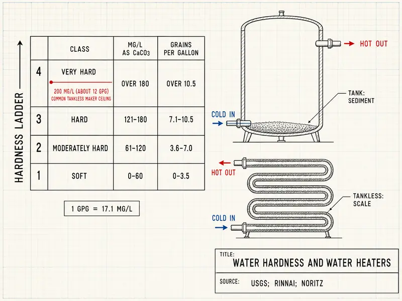 Water hardness and water heaters: a hardness ladder in mg/L as CaCO3 and grains per gallon: soft 0-60 (0-3.5), moderately hard 61-120 (3.6-7.0), hard 121-180 (7.1-10.5), very hard over 180 (over 10.5), with a red marker at 200 mg/L (about 12 gpg) labeled common tankless maker ceiling and a note that 1 gpg equals 17.1 mg/L; beside it a tank cutaway labeled tank: sediment and a coiled heat exchanger labeled tankless: scale. Source: USGS; Rinnai; Noritz.