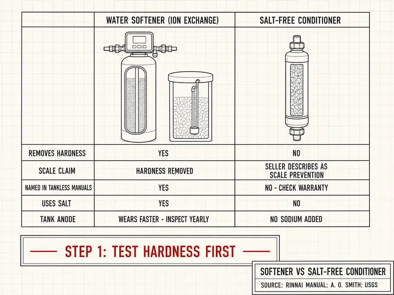Softener vs salt-free conditioner: a two-column table with a resin tank and brine tank for the water softener (ion exchange) and a single cartridge tank for the salt-free conditioner. Rows: removes hardness, yes vs no; scale claim, hardness removed vs seller describes as scale prevention; named in tankless manuals, yes vs no - check warranty; uses salt, yes vs no; tank anode, wears faster - inspect yearly vs no sodium added. Banner: step 1, test hardness first. Source: Rinnai manual; A. O. Smith; USGS.