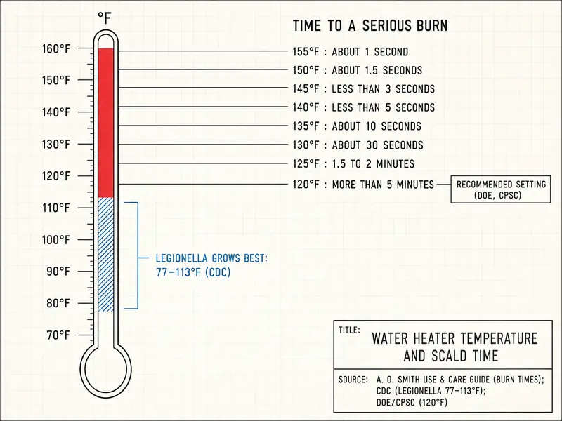 Water heater temperature and scald time: a thermometer from 70°F to 160°F with callouts for time to a serious burn: 155°F about 1 second, 150°F about 1.5 seconds, 145°F less than 3 seconds, 140°F less than 5 seconds, 135°F about 10 seconds, 130°F about 30 seconds, 125°F 1.5 to 2 minutes, 120°F more than 5 minutes, tagged recommended setting (DOE, CPSC); a blue band from 77°F to 113°F labeled Legionella grows best (CDC). Source: A. O. Smith Use & Care Guide (burn times); CDC (Legionella); DOE and CPSC (120°F).