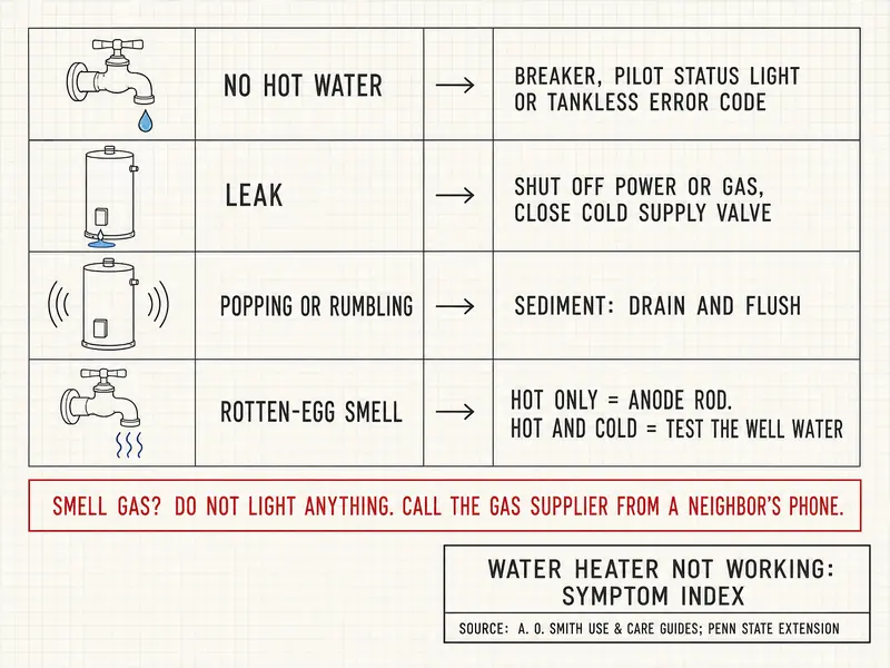 Water heater not working, symptom index. No hot water: check the breaker, pilot status light or tankless error code. Leak: shut off power or gas, close the cold supply valve. Popping or rumbling: sediment, drain and flush. Rotten-egg smell: hot only means the anode rod; hot and cold means test the well water. Warning strip: smell gas? Do not light anything; call the gas supplier from a neighbor's phone. Sources: A. O. Smith manuals and Penn State Extension.