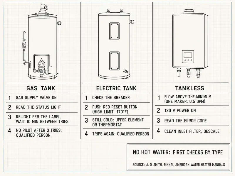 No hot water first checks by type. Gas tank: 1 gas supply valve on, 2 read the status light, 3 relight per the label and wait 10 minutes between tries, 4 no pilot after 3 tries, call a qualified person. Electric tank: 1 check the breaker, 2 push the red reset button (high limit, 170°F), 3 still cold, upper element or thermostat, 4 trips again, call a qualified person. Tankless: 1 flow above the minimum (one maker: 0.5 GPM), 2 120 V power on, 3 read the error code, 4 clean the inlet filter and descale. Source: A. O. Smith, Rinnai and American Water Heater manuals.