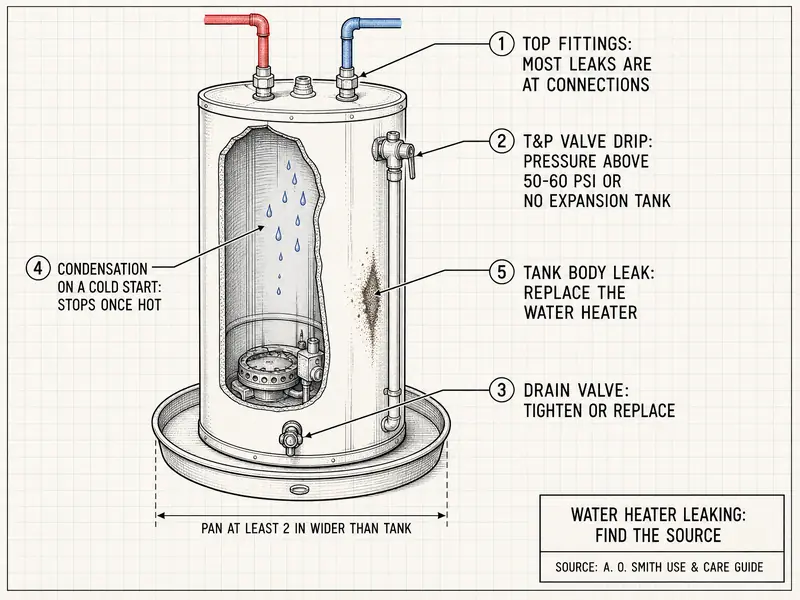 Water heater leaking, find the source: cross-section of a tank in a drain pan with five callouts. 1 top fittings: most leaks are at connections. 2 T&P valve drip: pressure above 50-60 psi or no expansion tank. 3 drain valve: tighten or replace. 4 condensation on a cold start: stops once hot. 5 tank body leak: replace the water heater. Drain pan at least 2 inches wider than the tank. Source: A. O. Smith use and care guide.
