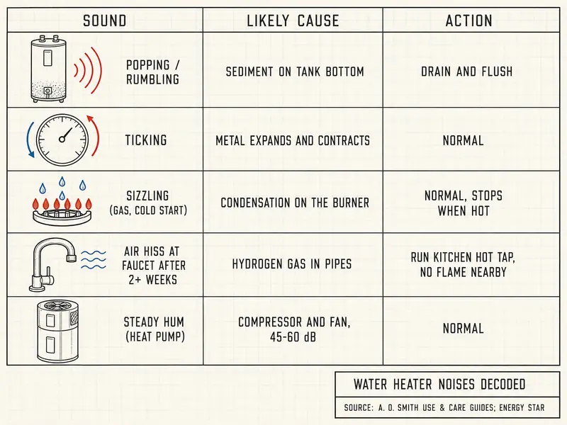 Water heater noises decoded, a table of sound, likely cause and action. Popping or rumbling: sediment on tank bottom, drain and flush. Ticking: metal expands and contracts, normal. Sizzling (gas, cold start): condensation on the burner, normal, stops when hot. Air hiss at faucet after 2+ weeks: hydrogen gas in pipes, run kitchen hot tap, no flame nearby. Steady hum (heat pump): compressor and fan, 45-60 dB, normal. Source: A. O. Smith use and care guides; ENERGY STAR.