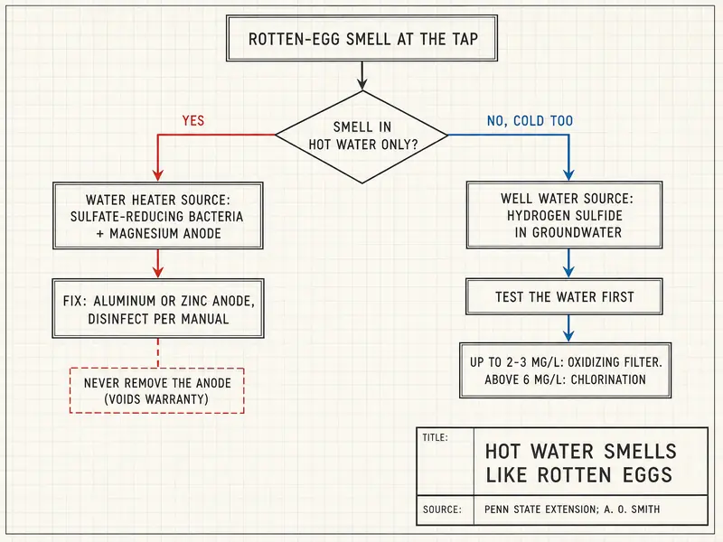 Hot water smells like rotten eggs, a flow diagram. Rotten-egg smell at the tap. Smell in hot water only? Yes: water heater source, sulfate-reducing bacteria plus magnesium anode; fix: aluminum or zinc anode, disinfect per manual; never remove the anode (voids warranty). No, cold too: well water source, hydrogen sulfide in groundwater; test the water first; up to 2-3 mg/L: oxidizing filter; above 6 mg/L: chlorination. Source: Penn State Extension; A. O. Smith.